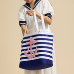 Terry Stripe Print and Anchor Patched Large Size Beach Tote