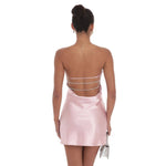 Satin Pearl Open Back Dress in Pink