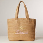 Sea Blessed Embroidered Raffia Tote Bag with Tassel Charm