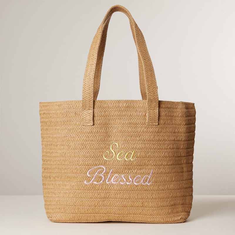Sea Blessed Embroidered Raffia Tote Bag with Tassel Charm