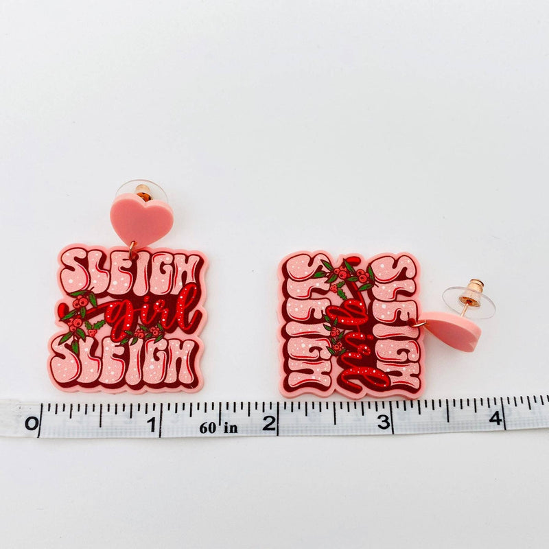 Christmas Jewelry Acrylic "Sleigh Girl" Heart Post Earrings