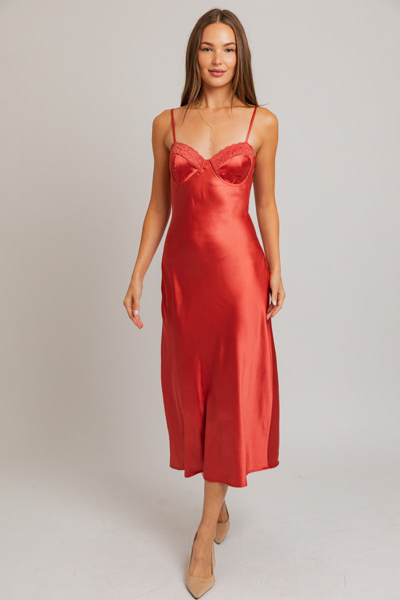 rust lace midi dress Lace & Beads Bridesmaid Madison v neck tulle midi dress in rust
