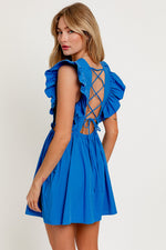 Royal Blue Ruffle Lace Up Shortie Dress