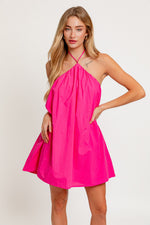 Fuchsia Halter Neck Low Scoop Back Mini Dress