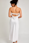 Strapless Folded Neckline Cowl Back Satin Midi Dress