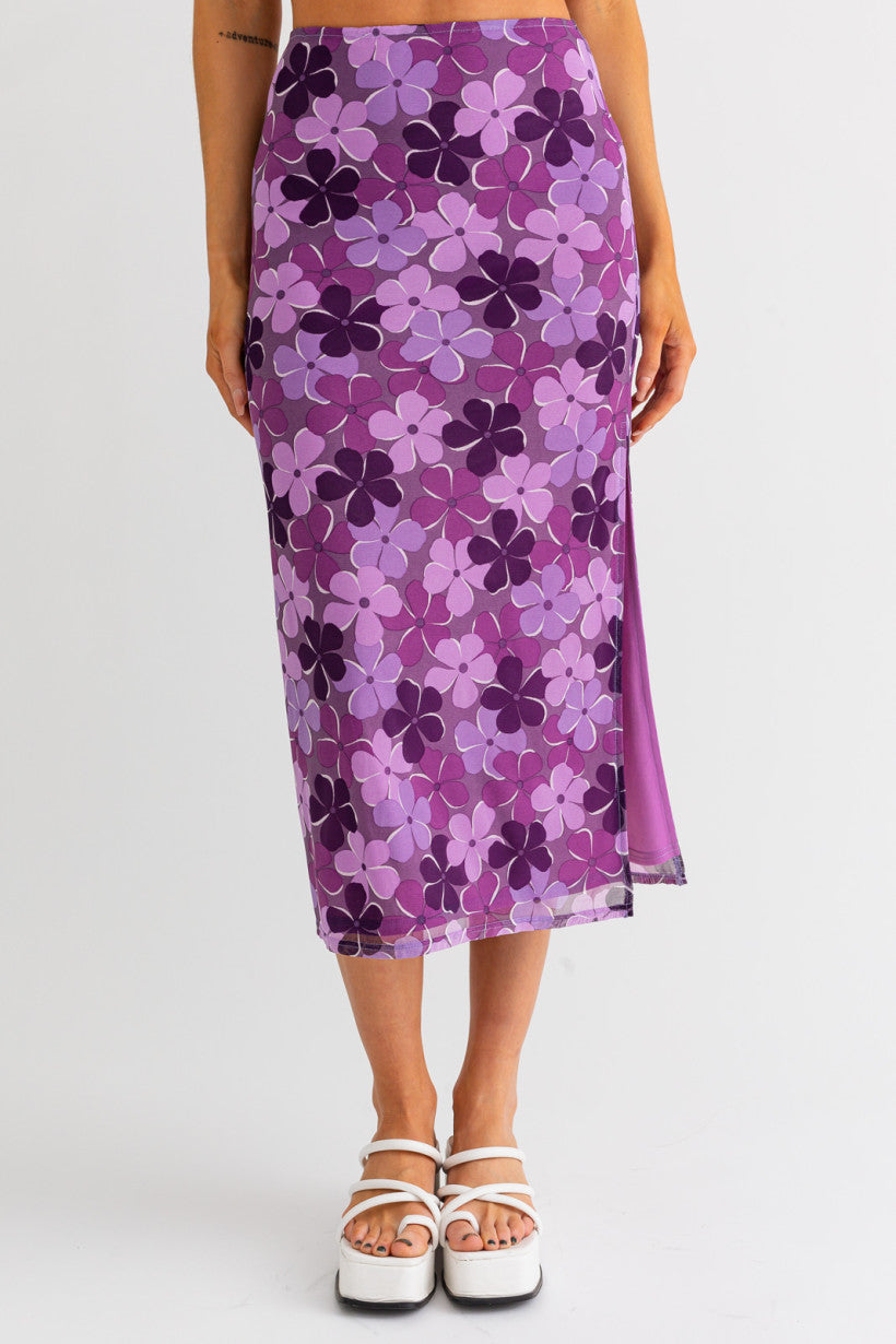 Purple Multi Floral Mesh Maxi Skirt