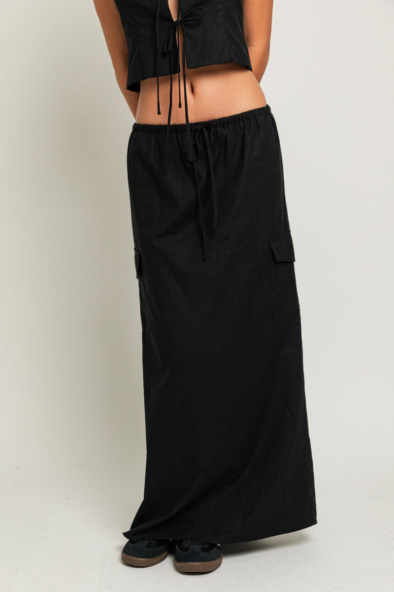 High Waisted Cargo Linen Maxi Skirt