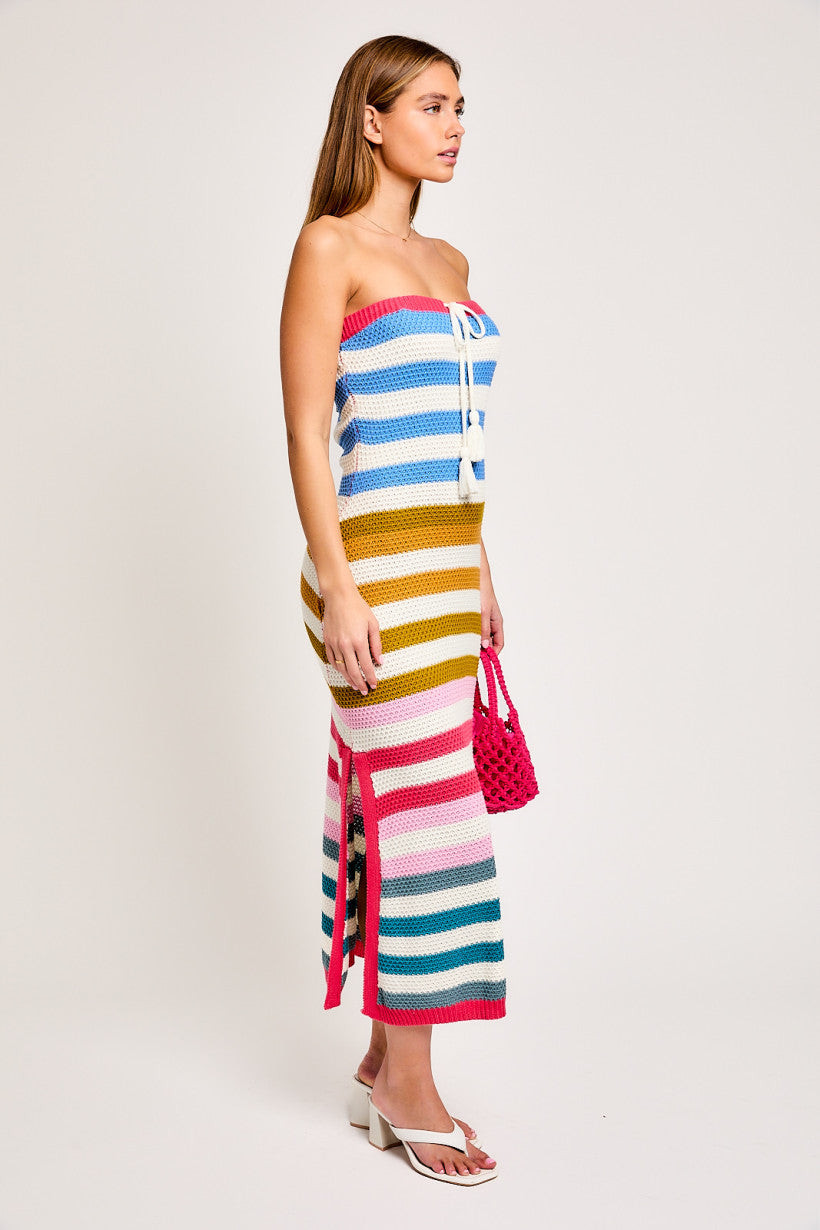 Strapless Stripe Sweater Midi Dress