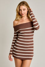 Brown White Stripe Off Shoulder Mini Dress