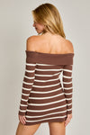 Brown White Stripe Off Shoulder Mini Dress