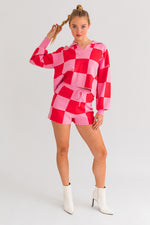 Magenta Pink Checkered Sweater Shorts