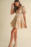 Puff Sleeve Tan/White Mini Dress