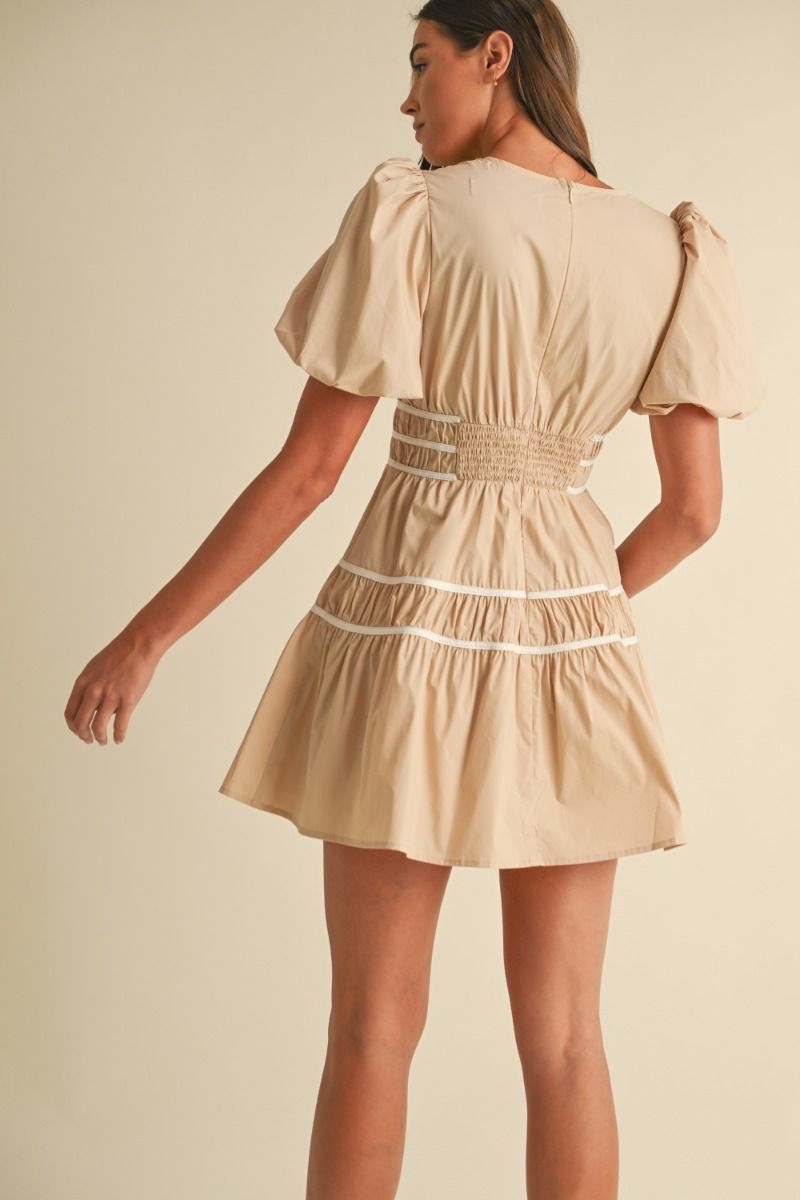 Puff Sleeve Tan/White Mini Dress