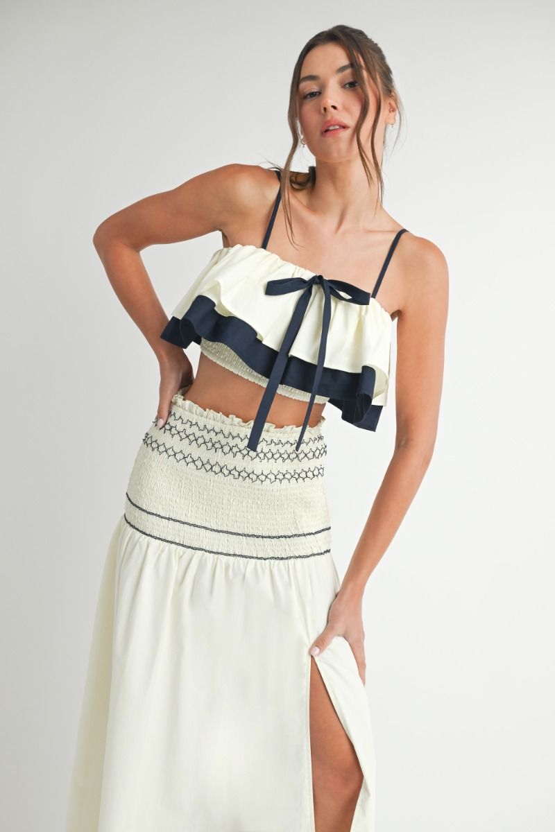 Cream w/Navy Ruffle Crop Top