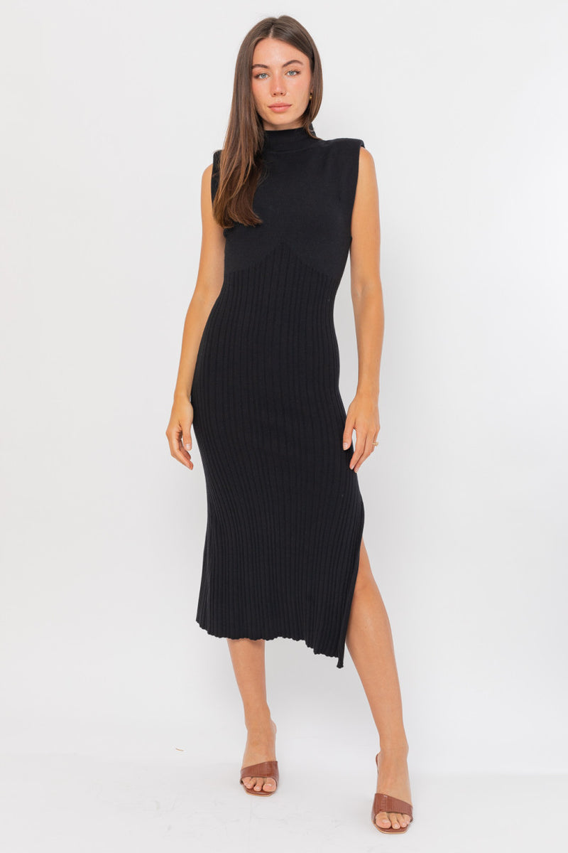 Mock Neck Power Shoulder Ribbed Slit Dress