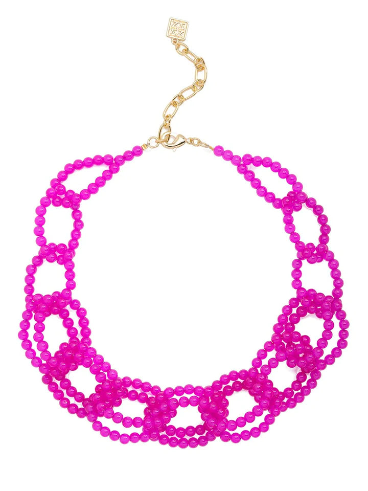 Glass Beaded Link Collar Necklace Hot Pink