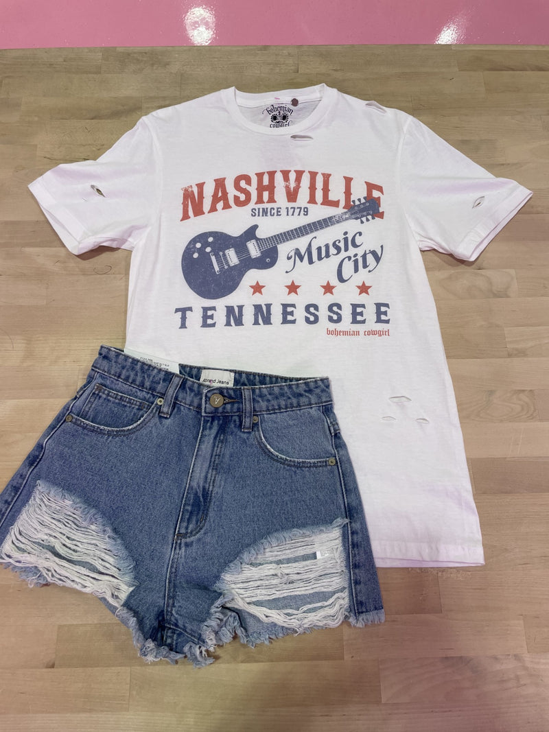 Nashville Guitar Destroyed White Tee