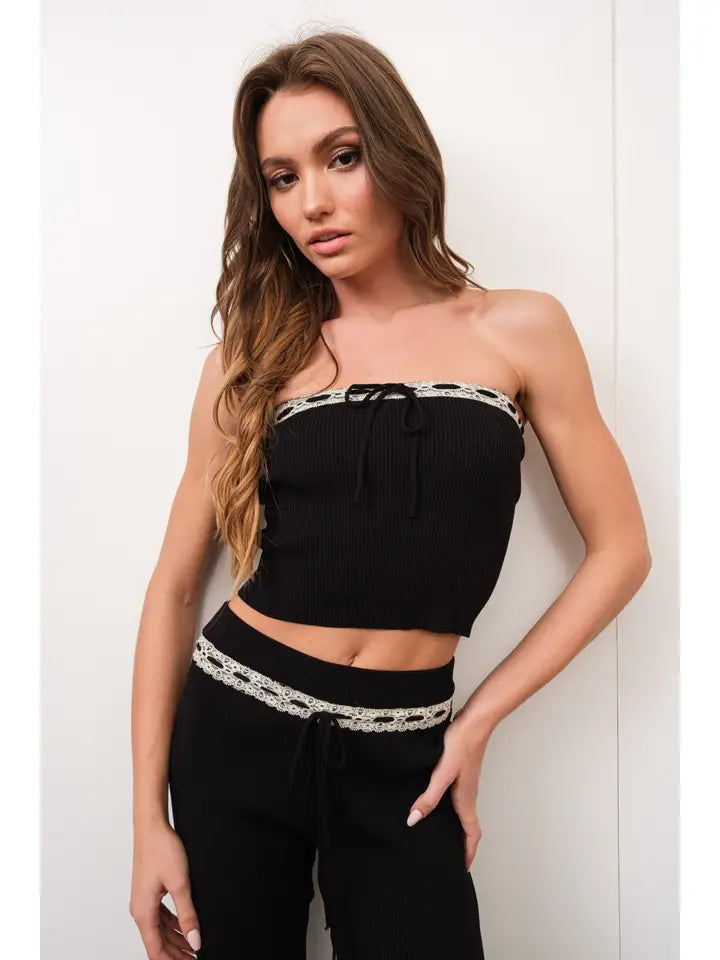 Lace Trim Ribbed Knit Tube Top