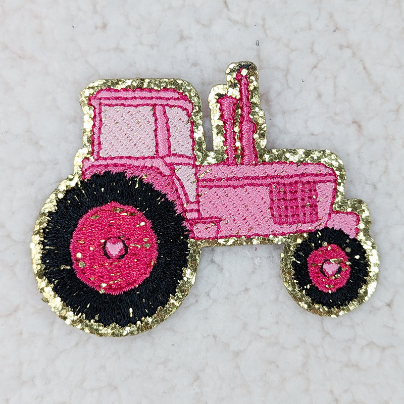 Pink Tractor Embroidered Glitter Patch