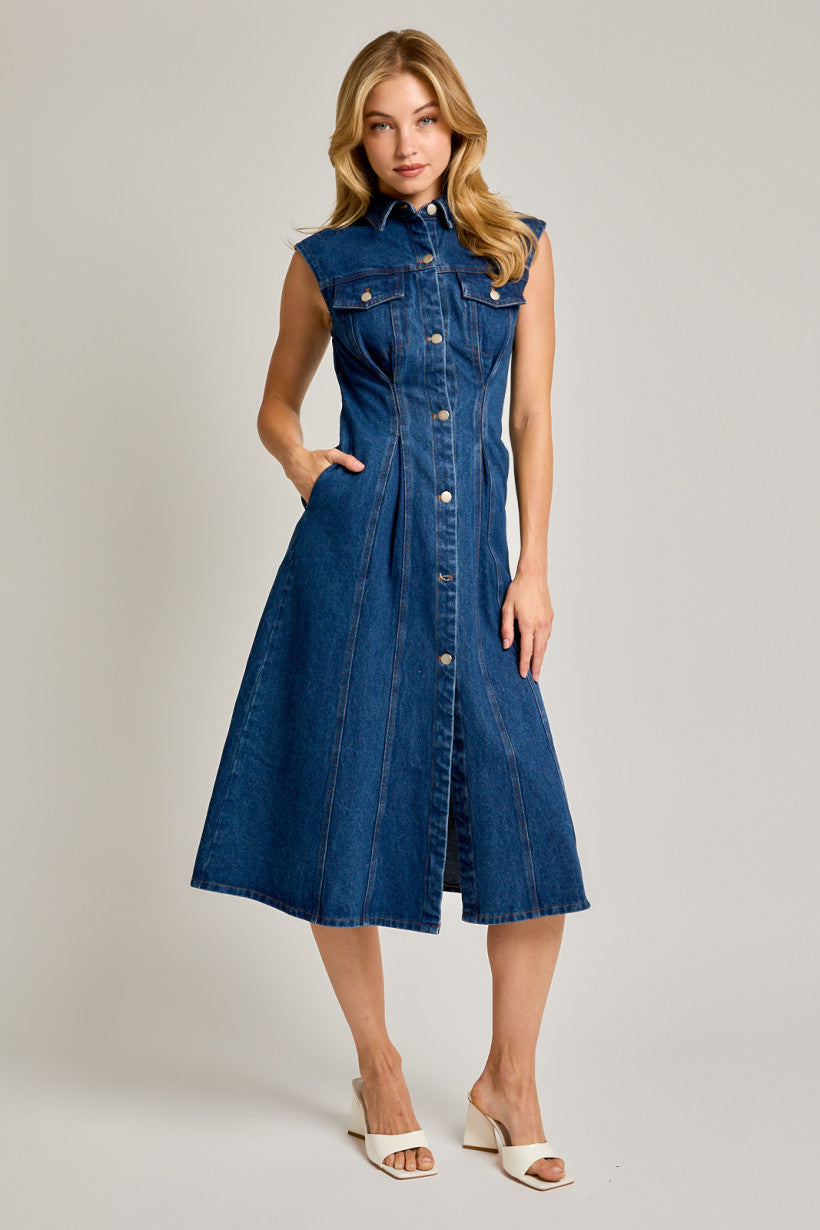Sleeveless Denim Midi Dress Rolling Rack Boutique Sleeveless Denim Midi Dress Rolling Rack Boutique