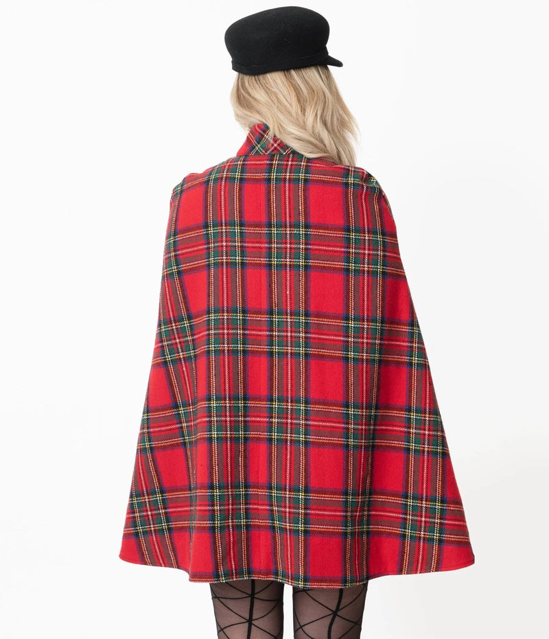 Smak Parlour Red Plaid Savile Row Cape Coat