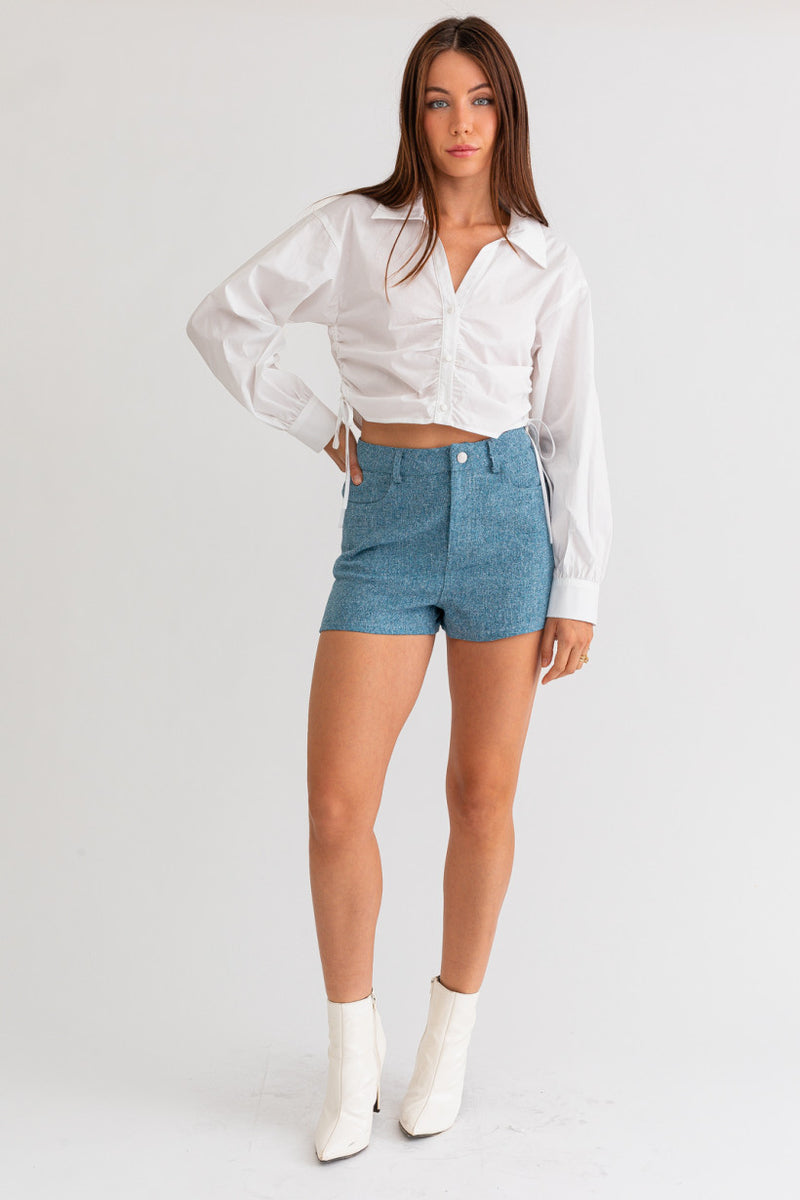 High Waist Blue Tweed Shorts