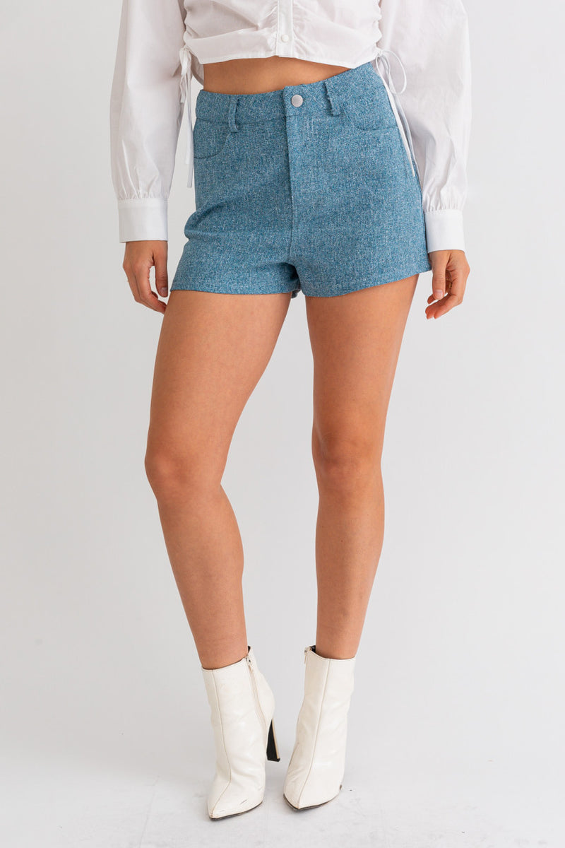 High Waist Blue Tweed Shorts