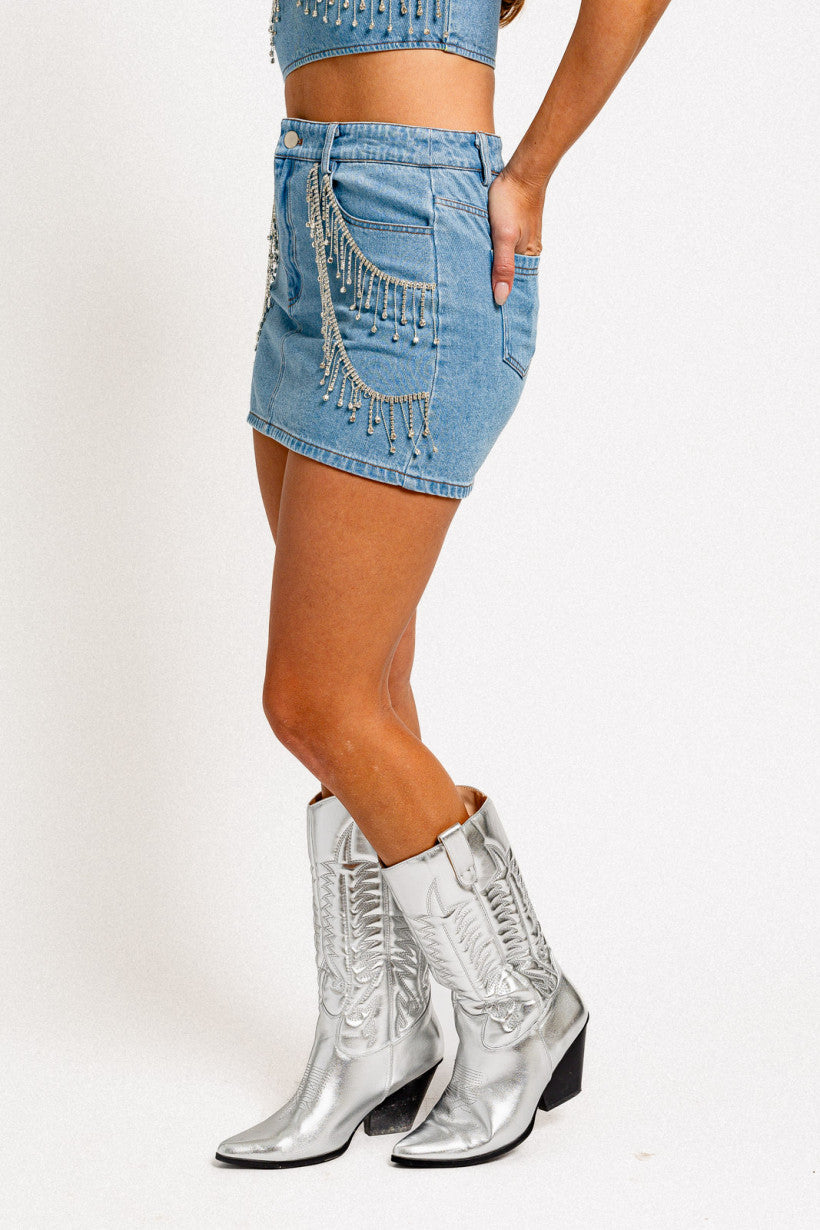 Rhinestone Detail Low Waist Denim Skirt
