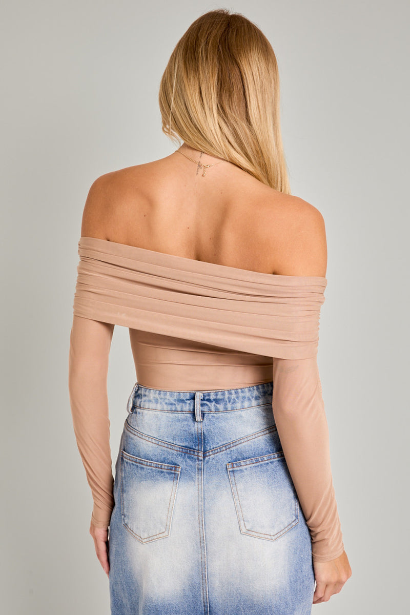 Taupe Off Shoulder Mesh Bodysuit