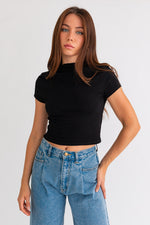 High Neck Cap Sleeve Top -Black