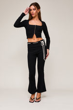 Folded Waist Bow Detail Bell Bottom Pants