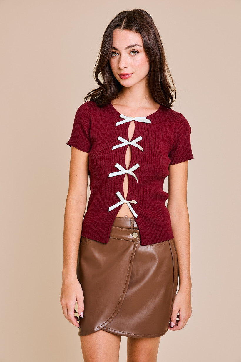 Satin Bow Detail Short Sleeve Sweater Top