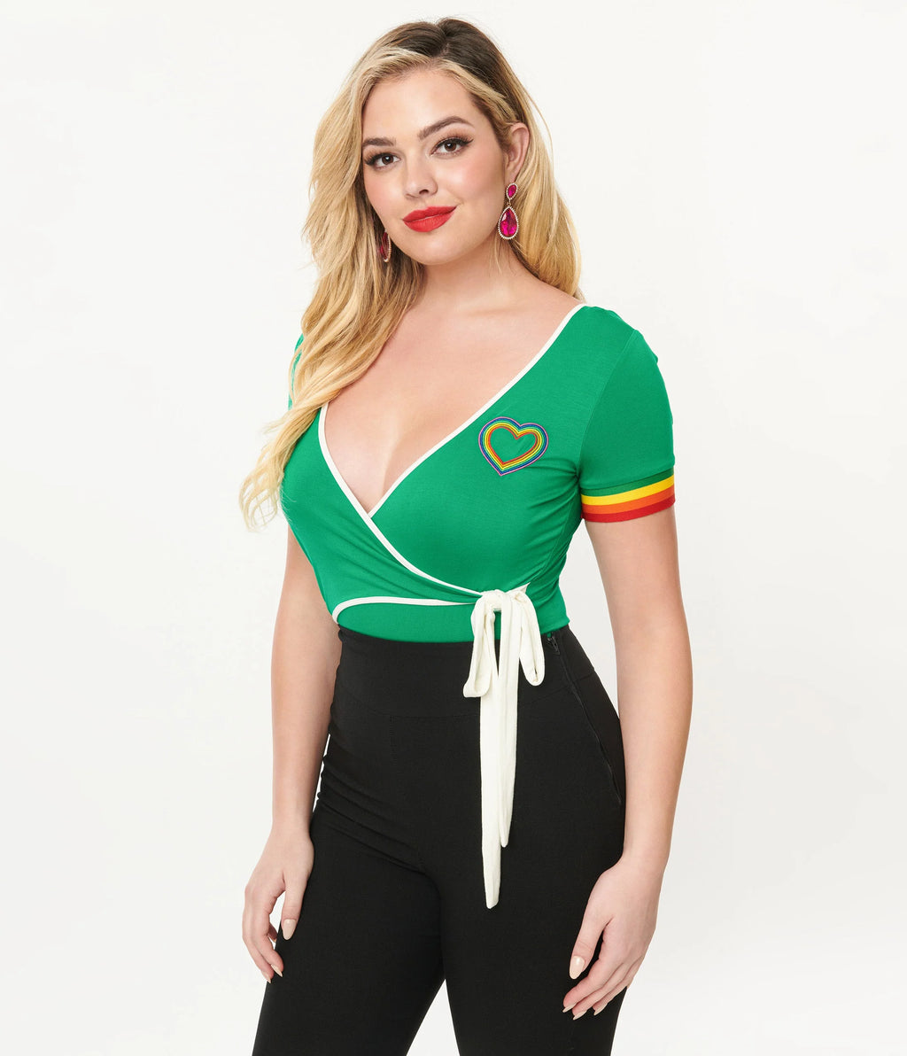 Unique Vintage Green Short Cap Sleeve Surplice Bodysuit