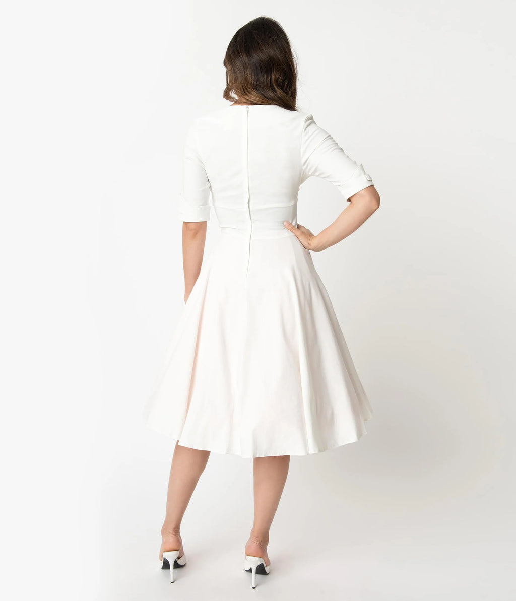 Unique Vintage Ivory Delores Swing Dress With Sleeves