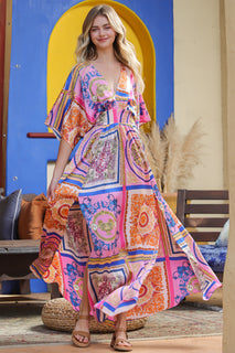 Fuchsia and Navy Kimono Sleeve Maxi Dress