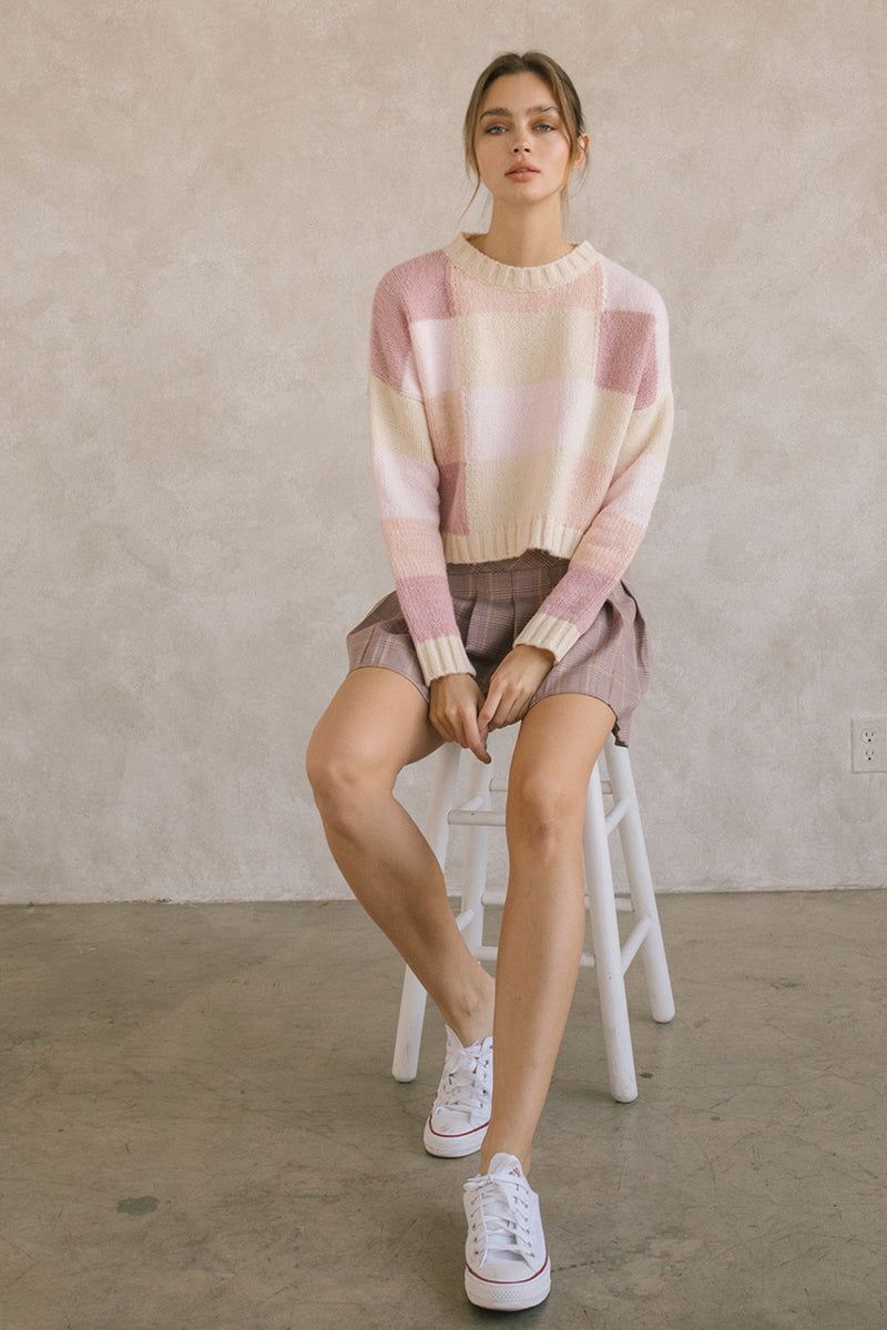 Pink Checkered Crop Sweater