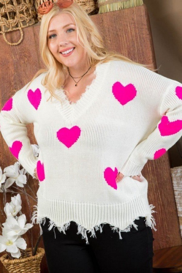 Pink Heart V-Neck Frayed Sweater