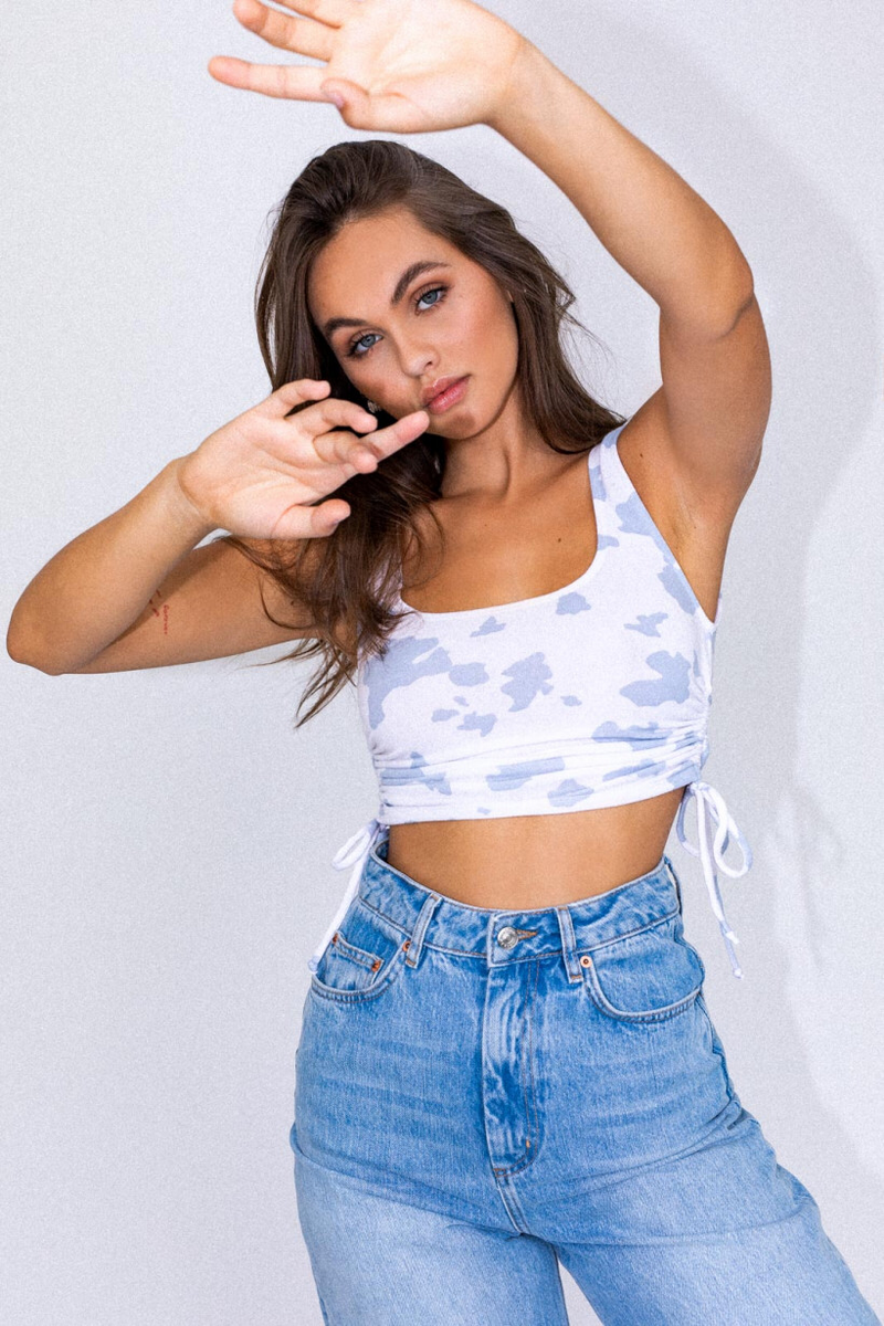 Side Ruched Cow Print Crop