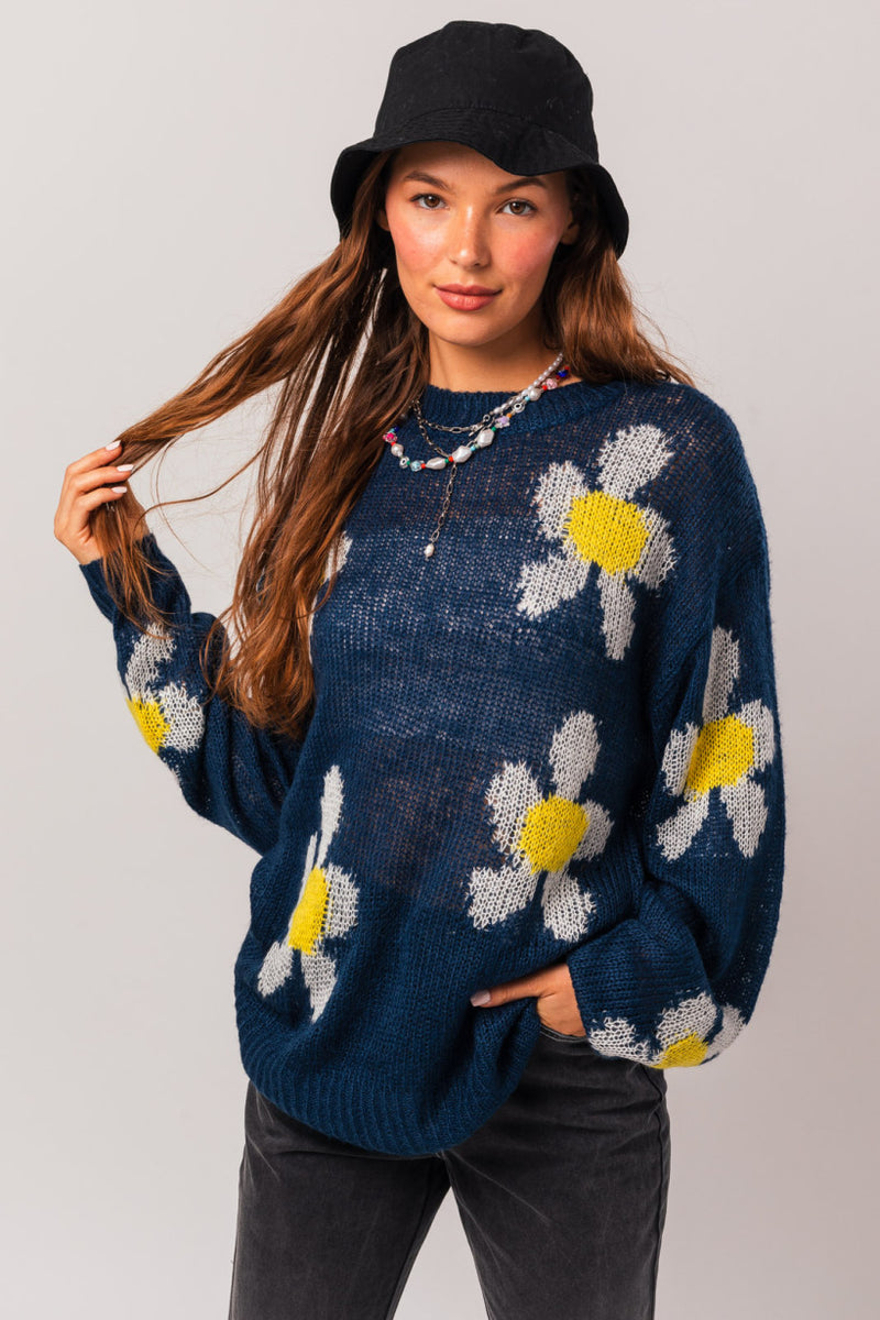 Dark Blue Daisy Sweater