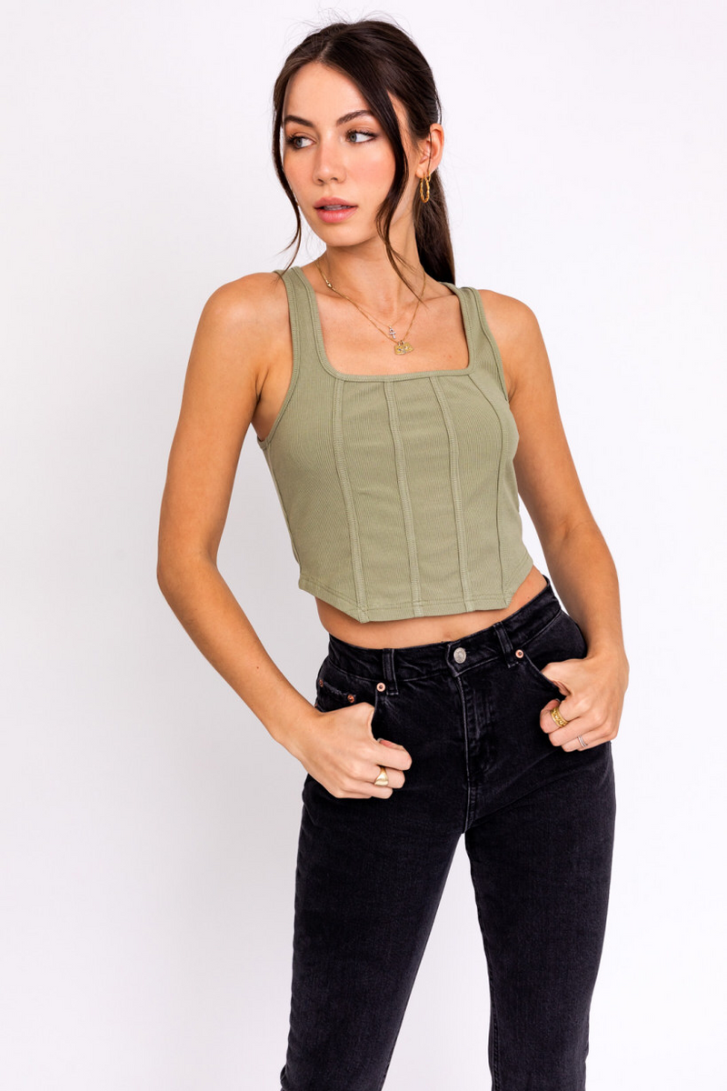 Olive Ribbed Corset Top