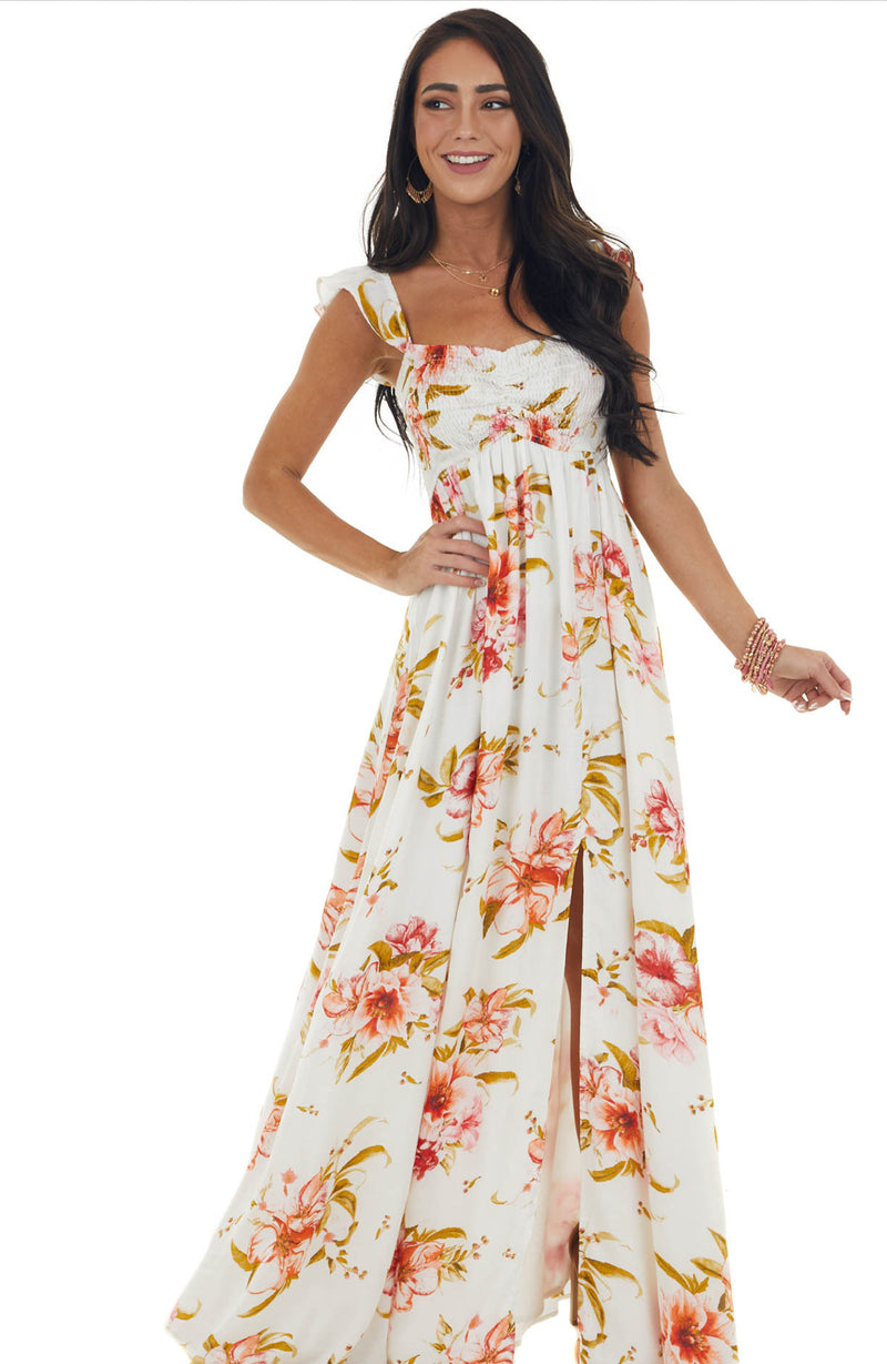 Ivory Red Floral Smocked Maxi Dress