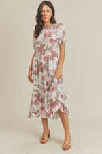 Cream Floral Balloon Sleeve Midi