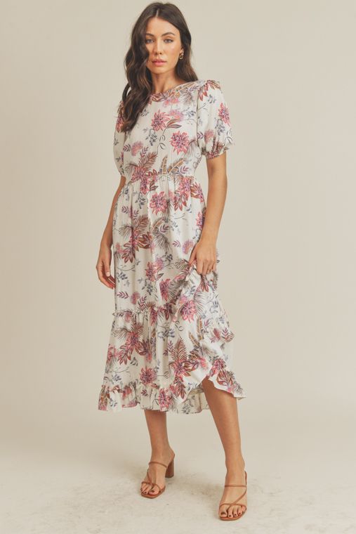 Cream Floral Balloon Sleeve Midi