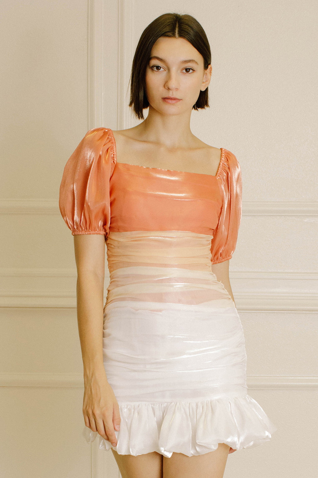 Satin Peach Ruched Shortie Dress