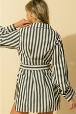 Stripe Button Down Shirt Dress with Waist Tie