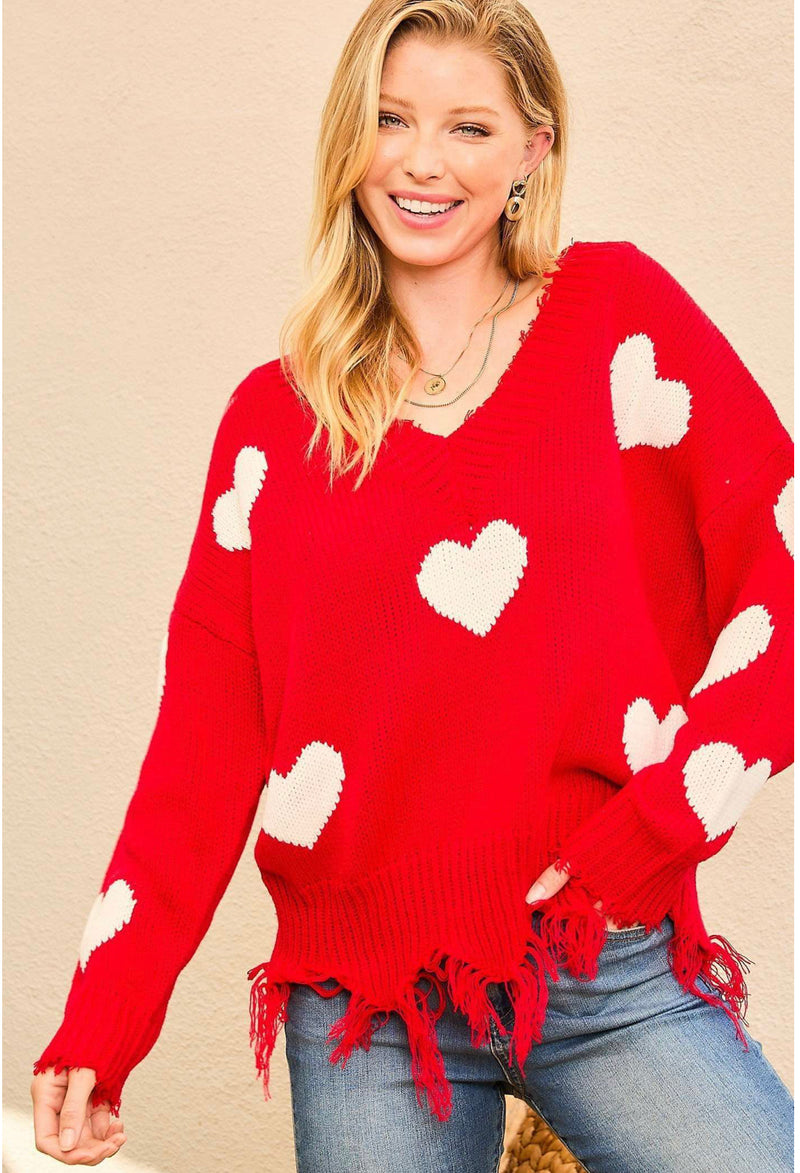 Red and White Distressed Hearts Sweater
