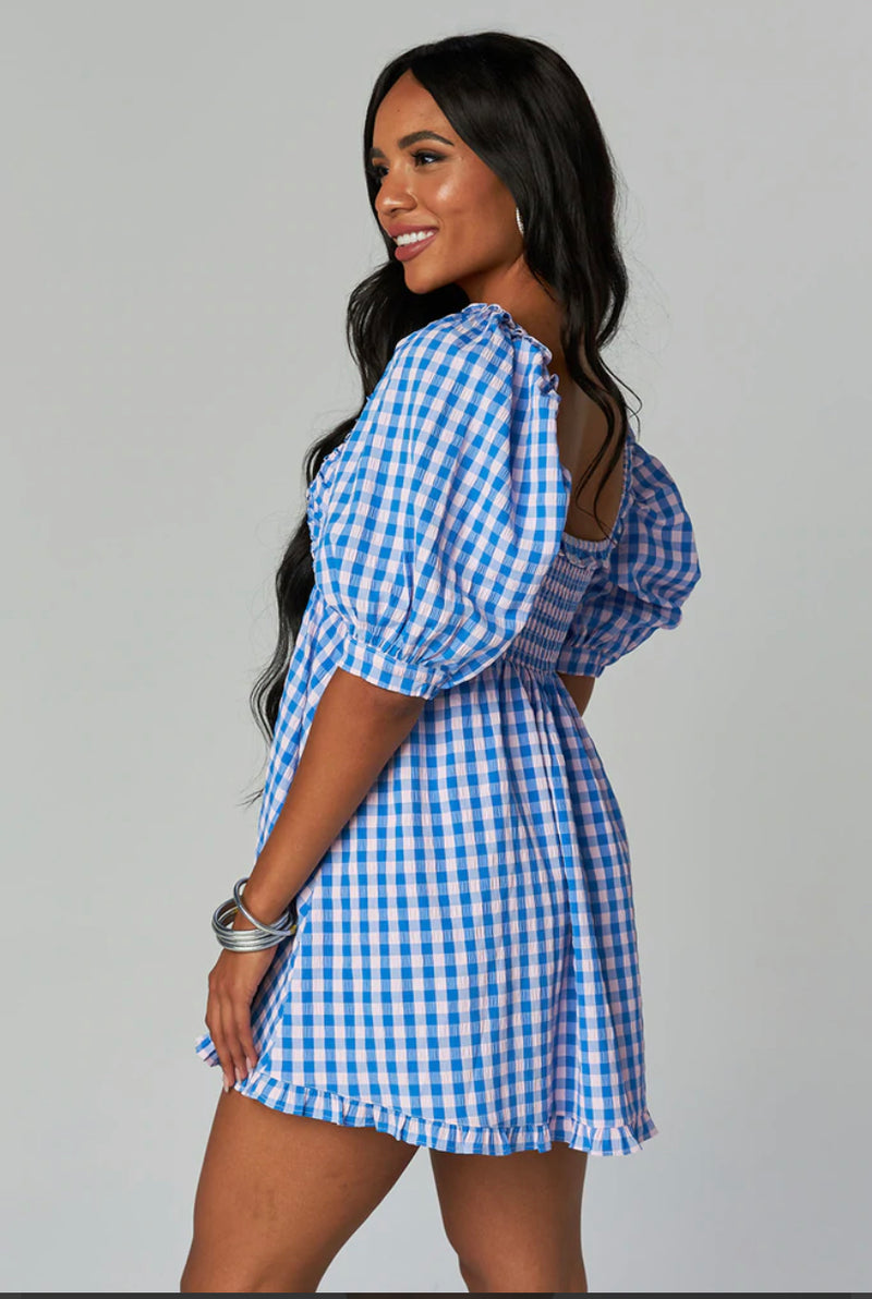 Poppy Blue Check Puff Sleeve Dress