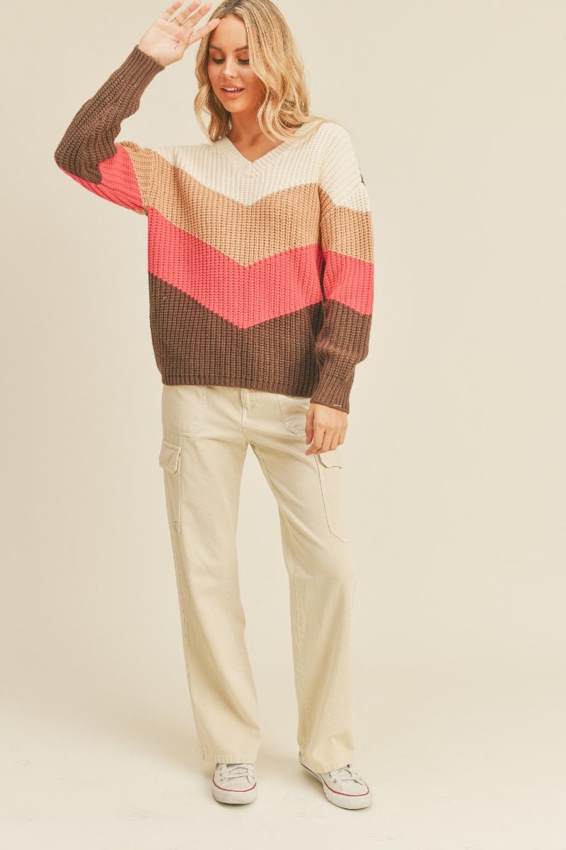 Cream Fuchsia V Neck Sweater