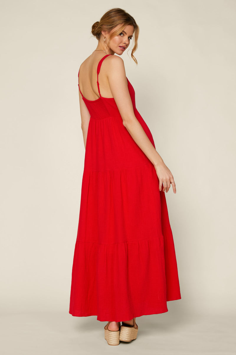 Red Solid Tiered Dress