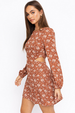 Long Sleeve Brown Floral Cutout Dress